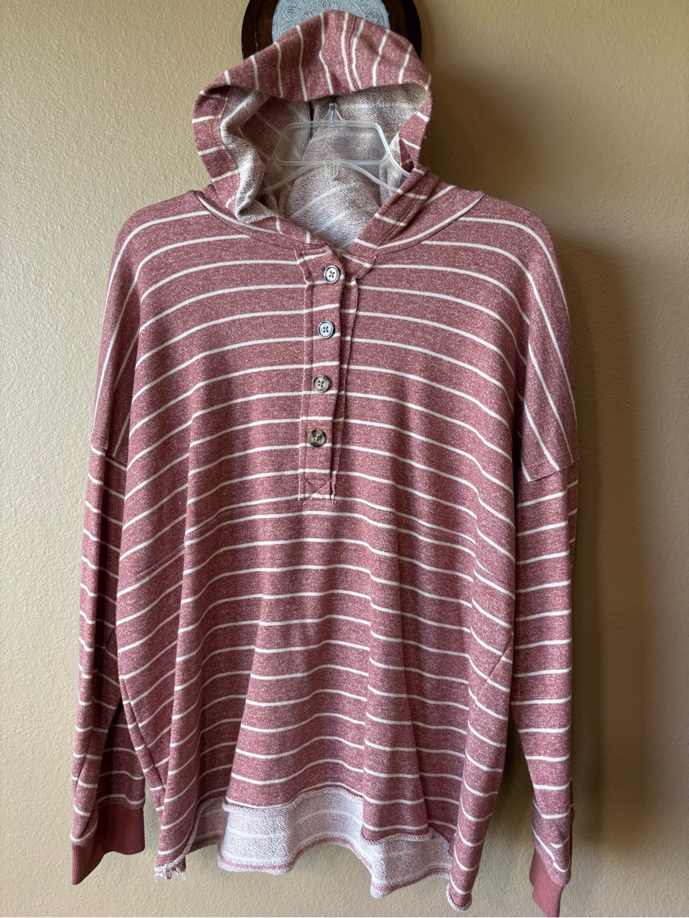Maurices Women’s Striped Hooded Pullover Hooded top- Dusty Rose & White